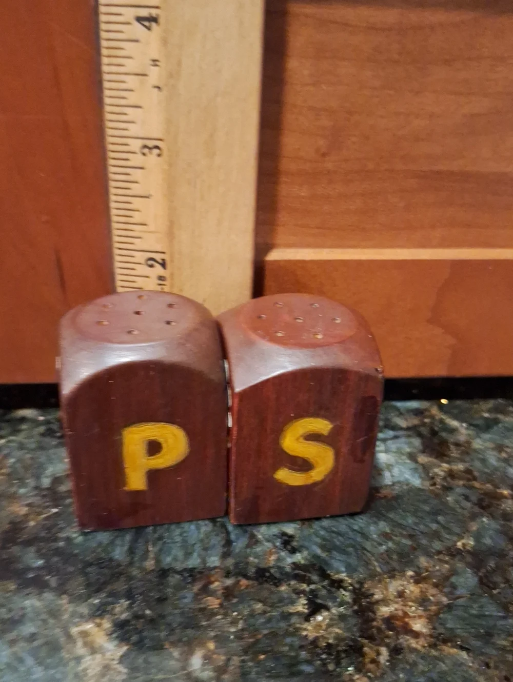 Handpainted Wooden 'P' and 'S' Salt and Pepper Shakers - Brown